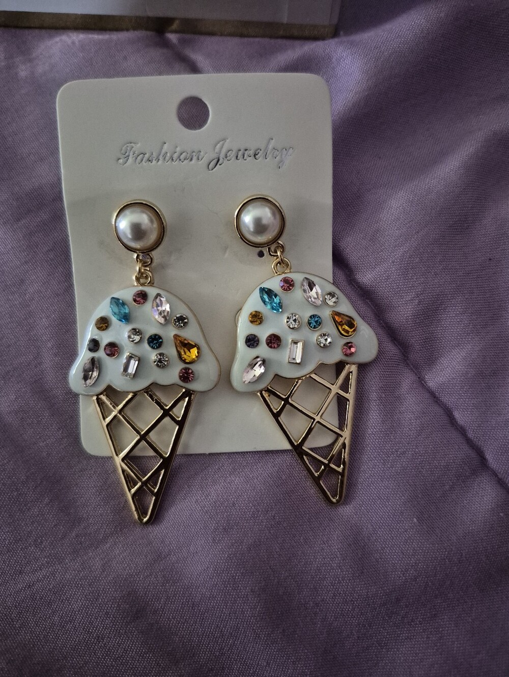 Ice Cream Cone Dangle Earrings - White Enamel with Multicolor Gems - Picture 2 of 2